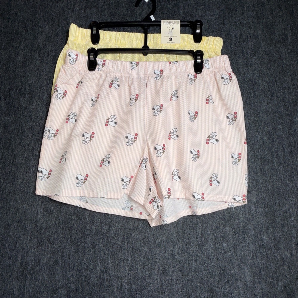 Peanuts Women's 2-Pack Seersucker Shorts Snoopy Striped Yellow Pink‎ Size Large